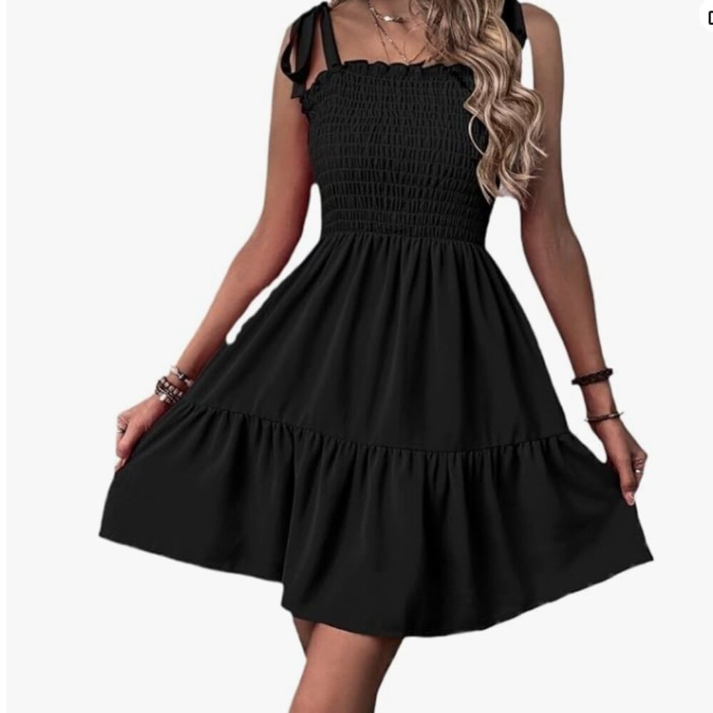 Women's Boho Mini Dress -Sleeveless, Tie Shoulder, Shirred, Ruffle Hem, Size 1XL